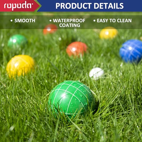 ropoda 100mm Bocce Ball Set Regulation Size and Weight with 8 Resin Bocce Balls, 50 mm Pallino, Carrying Bag, Measuring Rope, Backyard/Lawn/Beach/Outdoor, Bocci Games (Multi Colors, 2-8 Players) - size: 100mm