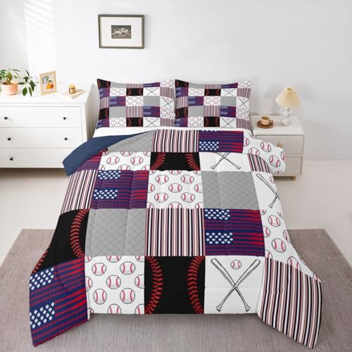 Boys Baseball Bedding Set Full Ball Games Sports Comforter Set for Kids Teens,Red Blue Abstract American Flag Bedding Comforter Set Patchwork Grey Grid USA Flag Quilt Duvet Set with 2 Pillow Cases - color: Pattern 08, size: Full