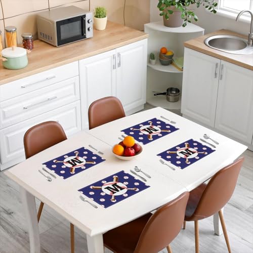 Baseball Placemats 12x18 Inch Set of 4 Baseball Sports Theme Kitchen Mats for Boys Teens Adults Black Initial Letter M Table Mats for Dining Table - color: Blue M
