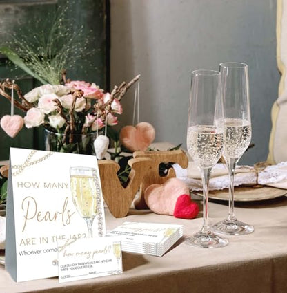 Guess How Many Cards, Guess How Many Pearls Are in the Jar, Party Games & Activities, Pearls Bridal Shower Decorations, 50 Cards and Sign - size: 5 x 7 inches
