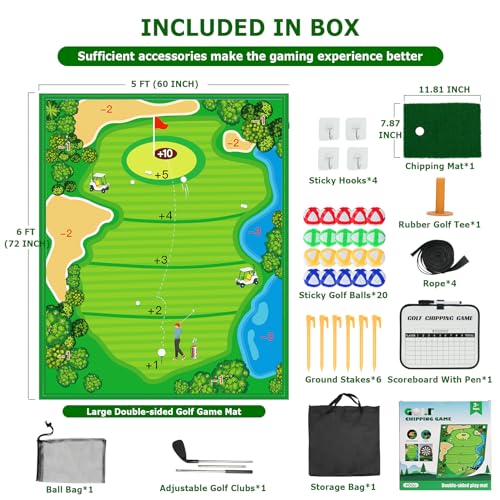 Double-Sided Chipping & Dart Game Mat Set with Golf Club, 20 Sticky Balls, 6Ft x 5Ft Supersize Game Training Mat, Ideal Indoor & Outdoor Gifts for Adults, Family, and Kids Play