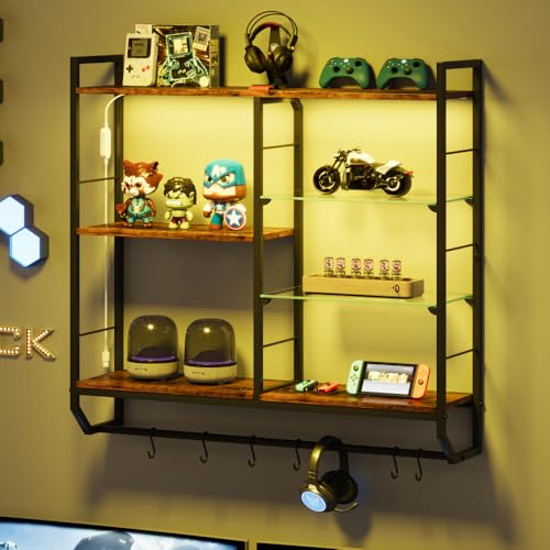 EYCOAL Gaming Floating Shelves, Wall Mounted Wooden Decor Display Shelf with 34" LED Lights and Adjustable Glass Bar Wine Shelf, Extra Hanging Hooks Storage for Gaming Room and Living Room