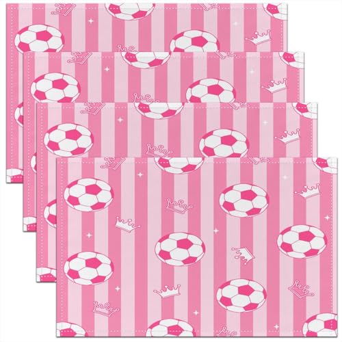 Castle Fairy Soccer Kids Placemats Set of 4,Cartoon Crown Geometric Stripe Table Place Mats,Football Sport Kitchen Decor,Pink White Black Placemat Kitchen Table Decoration 12"x18" - color: Pink White Black