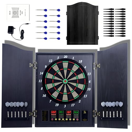 Electronic Dart Board Cabinet Set, Double Wood Door Panel Electric Darts Machine with LCD Display, Digital Scoreboard, Wall-Mounted Machine Includes Soft Darts for Family Game Room Clubs Events - color: Black