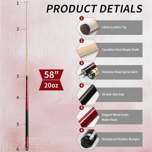 AKLOT Pool Cue Stick 58'', Canadian Maple Pro Billiard Cue &13mm Leather Tip, Anti-Slip Grip, 18/19/20/21oz Billiard Pool Stick for Adults/Beginner/Pro Player - color: Burgundy with Printed Grip