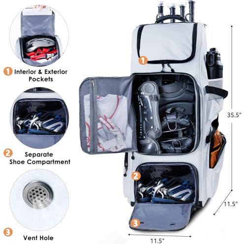 Rolling Baseball Bag With Wheels, Seperate Shoe Compartment and Fence Hook - Large Softball Bag for T-Ball - Team Equipment Duffle Bag - Catcher Gear Bag for Boys 8-12, Youth, Adults - color: White