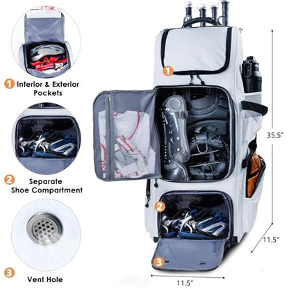 Rolling Baseball Bag With Wheels, Seperate Shoe Compartment and Fence Hook - Large Softball Bag for T-Ball - Team Equipment Duffle Bag - Catcher Gear Bag for Boys 8-12, Youth, Adults - color: White