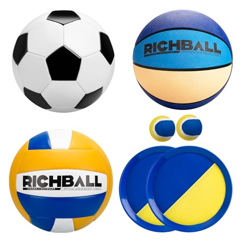 Richball 4-in-1 Outdoor Sports Ball Set for Kids – Soccer, Basketball, Volleyball and Toss & Catch Paddle Ball Game – All-in-One Gift Stocking Stuffers for Kids Boys & Girls Ages 3+ - color: yellow