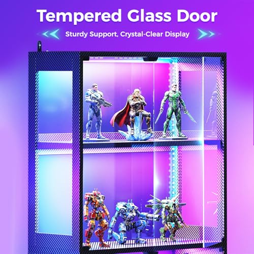 AODK Glass Display Cabinet with Glass Doors, 4-Tier Display Case with RGB Lights, Glass Cabinet Shelf for Collectibles and Storage, Black Curio Cabinet for Gaming Room