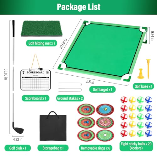 34 Pcs 3-in-1 Battle Golf Game Set with Stand & Club, Jumbo 32" x32“ Chipping Game Mat with 20 Sticky Balls, 6 Hole Covers, Indoor Outdoor Backyard Golf Game Kit, Ideal Gift for Family