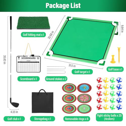 34 Pcs 3-in-1 Battle Golf Game Set with Stand & Club, Jumbo 32" x32“ Chipping Game Mat with 20 Sticky Balls, 6 Hole Covers, Indoor Outdoor Backyard Golf Game Kit, Ideal Gift for Family