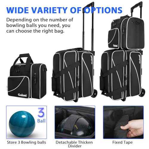 Goloni 3 Ball Bowling Bag with Wheels, 2+1 Double Roller Bowling Bag with Shoe Compartment,Tote Bag for Bowling Accessories - color: 3 Ball-Black