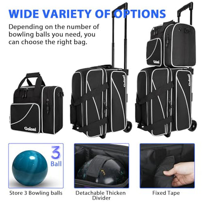 Goloni 3 Ball Bowling Bag with Wheels, 2+1 Double Roller Bowling Bag with Shoe Compartment,Tote Bag for Bowling Accessories - color: 3 Ball-Black