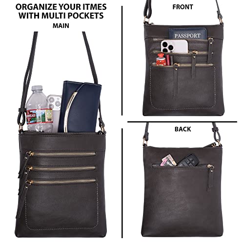 Solene Crossbody Bag Functional Multi Pocket Messenger Purse Top Zip Closure Shoulder Handbag With Adjustable Strap - color: Charcoal Grey