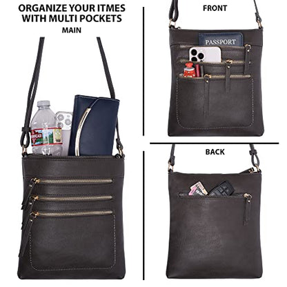 Solene Crossbody Bag Functional Multi Pocket Messenger Purse Top Zip Closure Shoulder Handbag With Adjustable Strap - color: Charcoal Grey