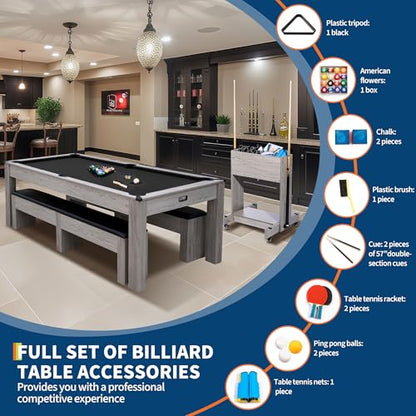 7FT 3-in-1 Pool Table - Convertible Billiard, Dining Table & Ping Pong | Includes Rolling Storage Cart, Cue Sticks, Balls, Table Tennis Set | Space-Saving Game Table for Home & Game Rooms - color: Black