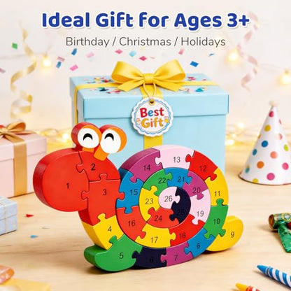LovesTown Wooden Puzzles for Kids, Double Sided Snail Jigsaw with Alphabet & Numbers, Montessori Educational Toy for Toddlers, Chunky Animal Gift - size: Medium, style: Snail