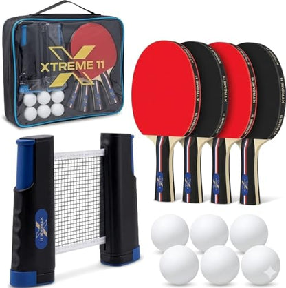 Pro Table Tennis Set, Retractable Net, Balls and Carry Case for Home, Office, Travel, Recreational, Professional Play - 4 Advanced Grade Paddles ITTF Certified Rubber & 6 Tennis Balls | ITTF Certified Rubber on the Paddle