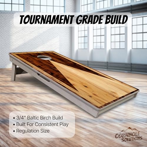Cornhole Solutions Tournament Cornhole Boards – Regulation 4 ft x 2 ft Professional Set – ¾″ Baltic Birch Plywood – Folding Legs – UV Printed & Clear Coated (Wooden Triangle)