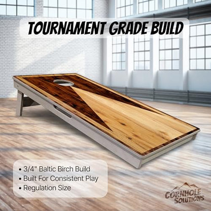 Cornhole Solutions Tournament Cornhole Boards – Regulation 4 ft x 2 ft Professional Set – ¾″ Baltic Birch Plywood – Folding Legs – UV Printed & Clear Coated (Wooden Triangle)