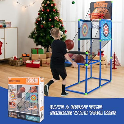 GLACER Kids Basketball Arcade Game, Indoor/Outdoor 2-in-1 PVC Hoop Set with Electronic Scoreboard & Sound, 8 Sticky Balls, 2 Basketballs, ASTM-Certified Basketball Game Toy for Ages 3+