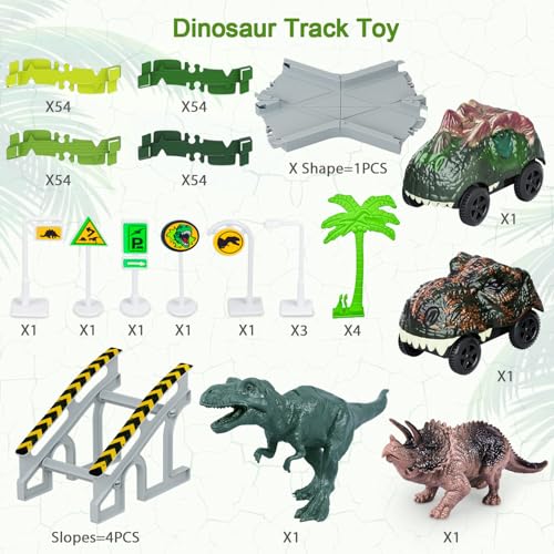 Dinosaur Toys,Create A Dinosaur World Road Race,Flexible Track Playset and 2 pcs Cool Dinosaur car for 3 4 5 6 Year & Up Old boy Girls Best Gift - color: Green