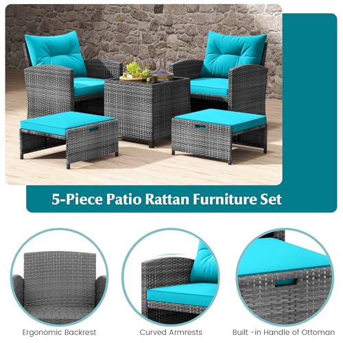 Tangkula 5 Pieces Patio Conversation Set, PE Wicker Rattan Outdoor Furniture Set with 2 Chairs, 2 Ottomans & Tempered Glass Coffee Table, Ideal for Poolside, Backyard, Lawn, Deck, Mix Grey & Turquoise - color: Mix Grey & Turquoise