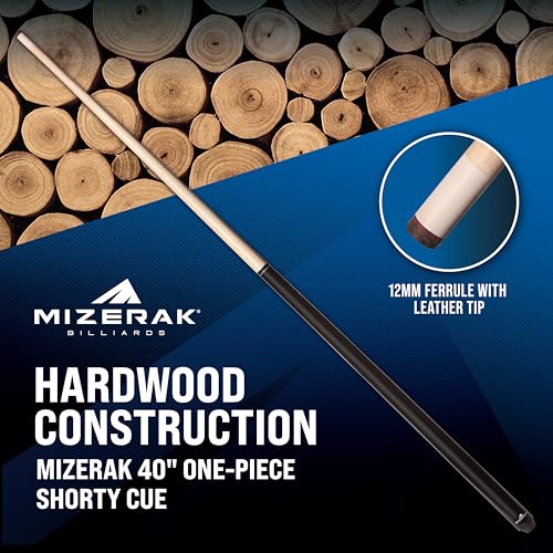 Mizerak 40" Shorty Pool Cue – One-Piece Hardwood Billiard Cue Stick with 12mm Leather Tip for Tight Spaces and Precison Shots