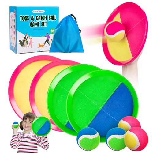 Toss and Catch Ball Game Set, 4 Paddles and 4 Balls Outdoor Paddle Catch Game for Kids, Backyard Beach Pool Yard Toy, Summer Birthday Gift for Boys Girls Ages 4-12 - color: Green Blue+yellow Red
