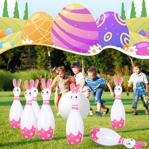 Foilswirl 12 Pcs Kids Easter Bunny Bowling Set with 10 Bunny Bowling Pins and 2 Balls Inflatable Easter Bunny Games and Toys for Girls Boys Indoor Outdoor Party Event Family Holiday Activity
