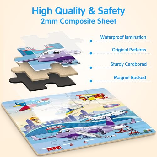 SYNARRY Air Land Water Transport Magnetic Puzzles for Toddlers 3-5, 20 Pieces Travel Puzzles for Kids Ages 4-6, Car Airplane Road Trip Activities Toys for 3 4 5 6 Year Old Boys Girls Birthday Gifts - style: Transport
