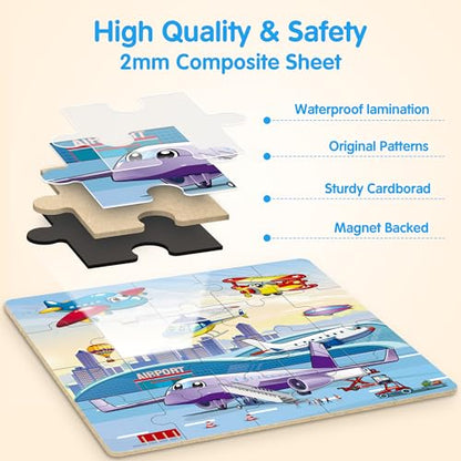 SYNARRY Air Land Water Transport Magnetic Puzzles for Toddlers 3-5, 20 Pieces Travel Puzzles for Kids Ages 4-6, Car Airplane Road Trip Activities Toys for 3 4 5 6 Year Old Boys Girls Birthday Gifts - style: Transport