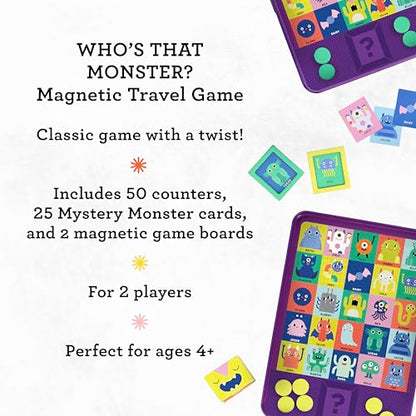 Petit Collage: Who’s that Monster? Magnetic Travel Game – On‑the‑Go Tin Game for Kids Ages 4+ – Portable Screen-Free Playset with 25+ Magnetic Pieces & 2 Game Boards – Perfect Halloween Activity