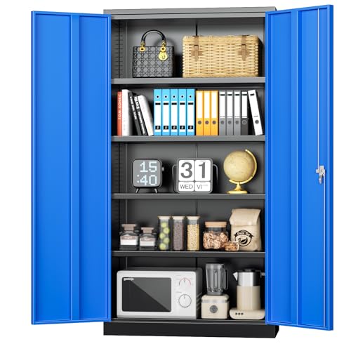INTERGREAT Metal Storage Cabinet with Lock, 72" H Garage Cabinets with Doors and Adjustable Shelves, Lockable Metal Cabinets for Garage, Home, Office(Black-Blue) - color: Black Blue, size: 72" Large Storage Cabinet