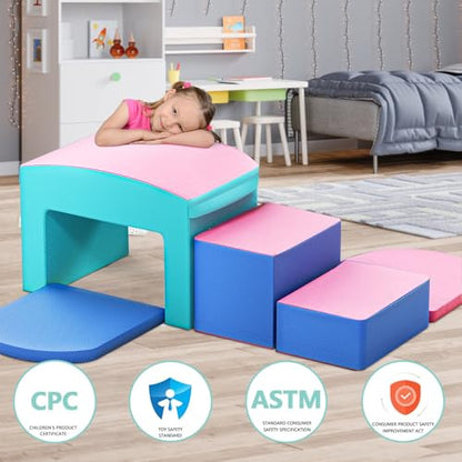 Crawl and Climb Foam Play Set, 6 Pcs Climbing Toys for Toddlers 1-3, Climb and Crawl Activity Playset, Soft Play Equipment Crawling and Sliding (Blue&Pink) 6 peices - color: Pink&blue