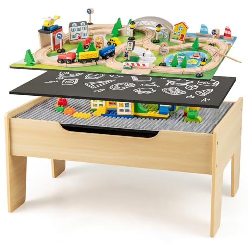 Costzon Train Table, 5 in 1 Kids Activity Wooden Set w/ 78 Pieces Railway Playset, Reversible Map Top, Blackboard, Building Bricks Station & Large Storage Space, Toddler Sensory Table for 18 M+ - size: 31" x 22.5" x 15.5" (L x W x H)