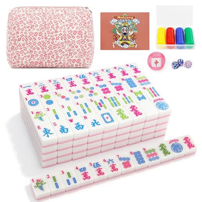 Jolitac American Mahjong Game Set, 166 Premium Tiles, 1.2-inch Mahjong Tile Set with Sturdy Carrying Bag, Thickened Mah-Jongg Tiles Bag Portable Travel Complete Mahjong Set - color: Pink
