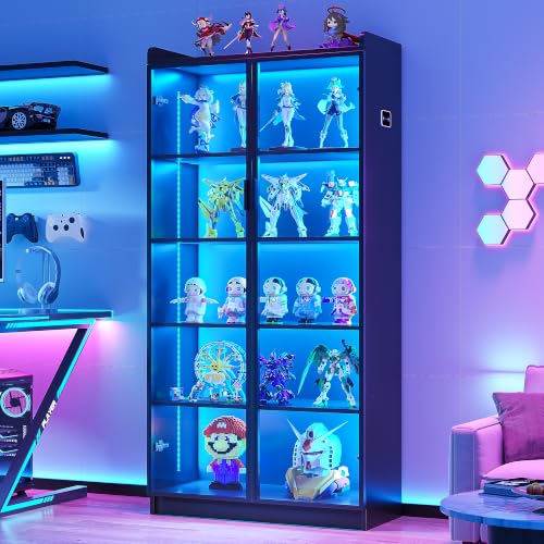 Lvifur 5 Tier Display Cabinet for Living Room, LED Bookcase with Human Body Induction Lights, 65” Tall Curio Cabinets with Adjustable Shelves for Office (Black) - color: Black