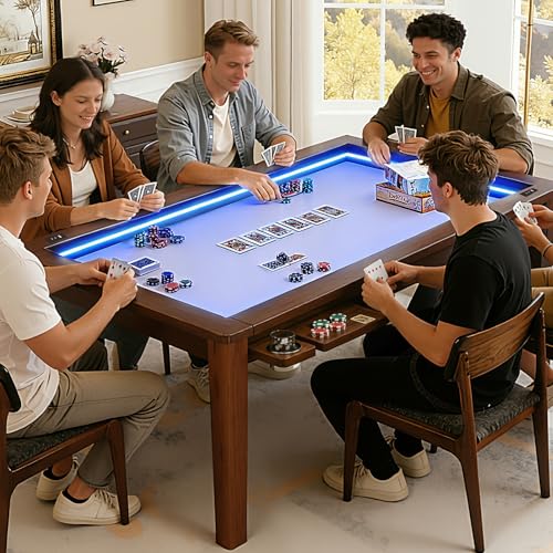 Haddockway Solid Wood Board Game Table with Colorful Led Lights, Dining/Gaming Table for 4-6 Players with Charge Station,Removable Top, Play Mat, 6 Cup Holders & Trays (Warm Walnut) - color: Solid Wood Blackwalnut With Led Light