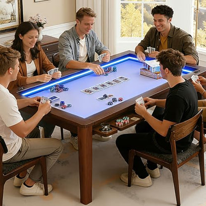 Haddockway Solid Wood Board Game Table with Colorful Led Lights, Dining/Gaming Table for 4-6 Players with Charge Station,Removable Top, Play Mat, 6 Cup Holders & Trays (Warm Walnut) - color: Solid Wood Blackwalnut With Led Light