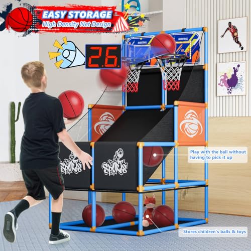 Dual Shot Arcade Basketball Game Set Boy Toys:Kids Basketball Hoop with 6 Balls Electronic Scoreboard LED Light Indoor Outdoor Sports Toy Activities for Boys Girls Birthday Gifts Aged 3-5 6-8 8-12 - style: Blue Double Scoring Basketball Hoop