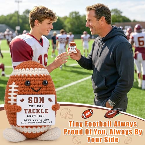 Fathers Day Son Gifts from Dad Mom, Son Birthday Gifts, Graduation Gift for Teen Boys High School College Students, 7 8 9 13 16 18 Year Old Boy Birthday Gift, Handmade Crochet Football Lover Present - style: son