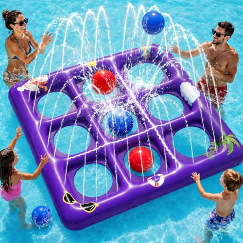 EPN Pool Games for Kids and Adults, 56” x 54” Inflatable Floating Tic Tac Toe Toss Game with 10 Balls, 2-in-1 Pool & Lawn Water Sprinkler Toy, Summer Pool Party Accessories for Backyard Fun, Purple