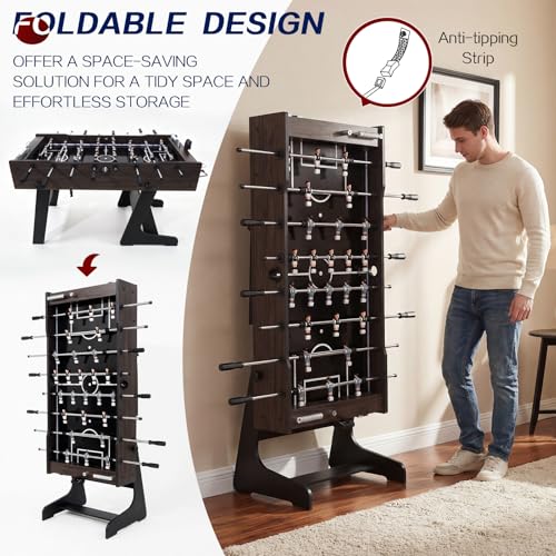 RAYKEEP 53" Folding Foosball Table with LED Lights, Full Size Indoor Soccer Game with Electronic Scoreboard for Adults & Kids, Home, Game Room, or Office – Includes 2 Balls & 2 Cup Holders