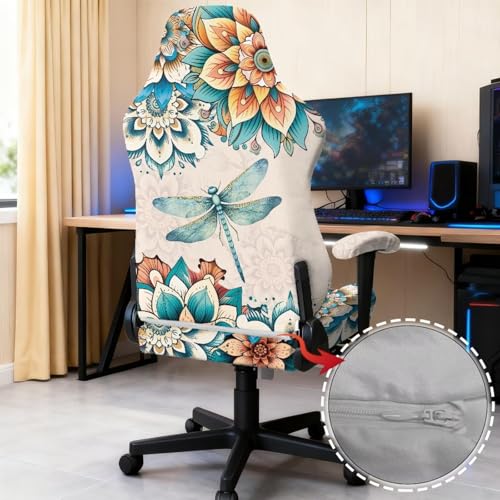 Dragonfly Print Gaming Chair Covers Slipcovers 4Pcs with Armrest Cover Boho Mandala Flower Print Gamer Desk Chair Covers Easy to Install Home Decorations - color: Brown - Dragonfly Boho Mandala Flower