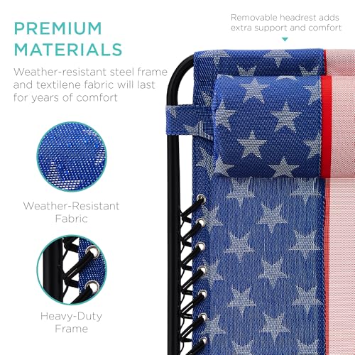 Best Choice Products Set of 2 Adjustable Steel Mesh Zero Gravity Lounge Chair Recliners w/Pillows and Cup Holder Trays - American Flag - color: American Flag, size: Standard