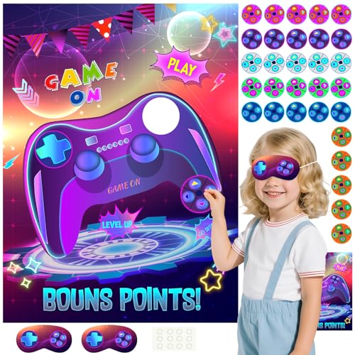 PLULON Pin The Button on The Video Game Party Game Kids Birthday Big Poster with Controller Button Stickers for Classroom Party Favors Decorations Boys Birthday Playing Party Supplies - style: Video Game