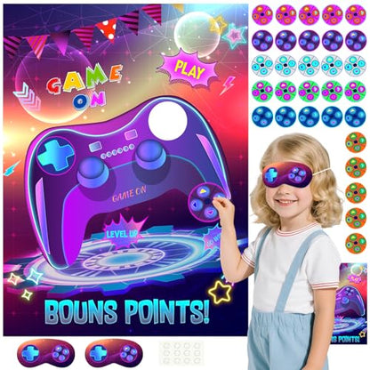 PLULON Pin The Button on The Video Game Party Game Kids Birthday Big Poster with Controller Button Stickers for Classroom Party Favors Decorations Boys Birthday Playing Party Supplies - style: Video Game