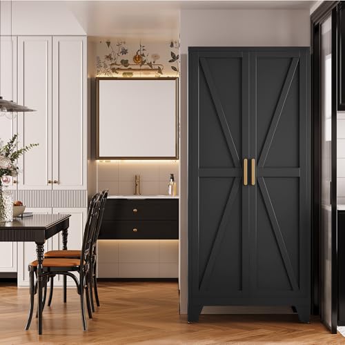 QINPTWUT 71" Metal Storage Cabinet with Doors and Shelves, Tall Pantry Cabinet in Black with 2 Doors & 4 Adjustable Shelves, All-Steel Farmhouse Cupboard for Kitchen, Living Room,Home Office,Garage - color: Black, size: 71"-0 drawer