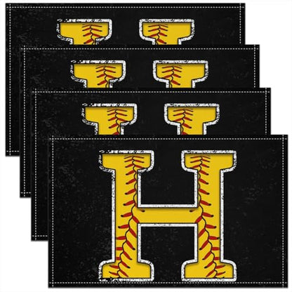 Erosebridal Baseball Initial Placemats 12x18 inch Set of 4 Yellow Letter H Place Mats for Kitchen Table | Monogrammed Table Place Mats Sports Softball Accessories Heat Resisting Placemats - color: Yellow H